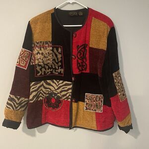 Julia Kim Womens Size L Jacket Art to Wear Mixed Media Button Tribal Embroidered